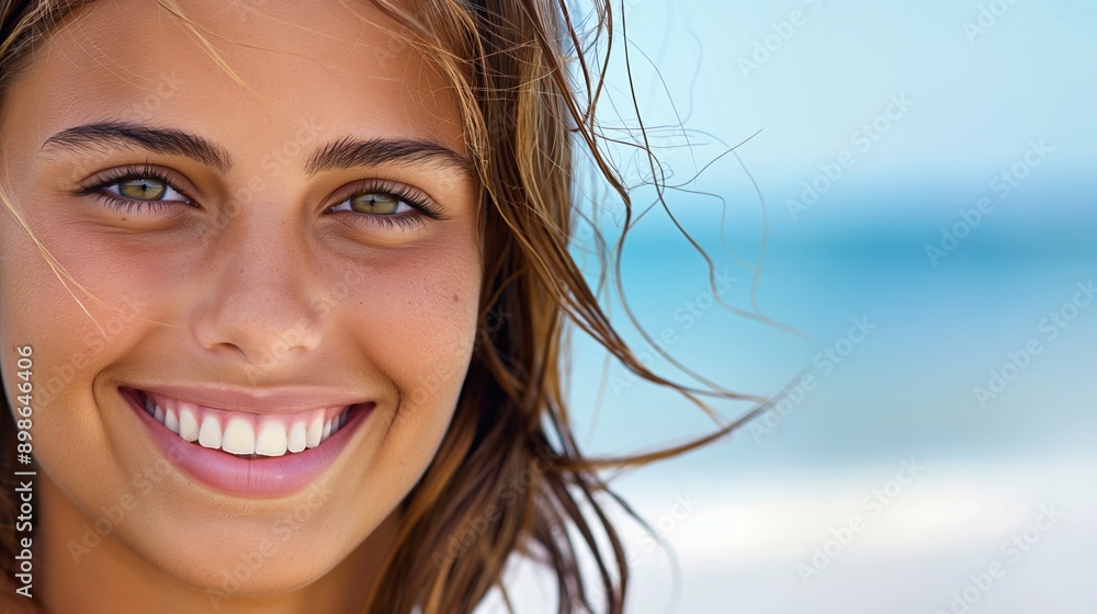 A woman with long brown hair and a bright smile. She is standing on a beach with the ocean in the background A woman with long brown hair and a bright smile. She is standing on a beach with the ocean in the background