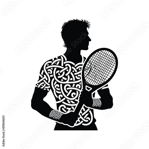 Tennis, table tennis  male player in celtic knot pattern illustration, emblem shield badge