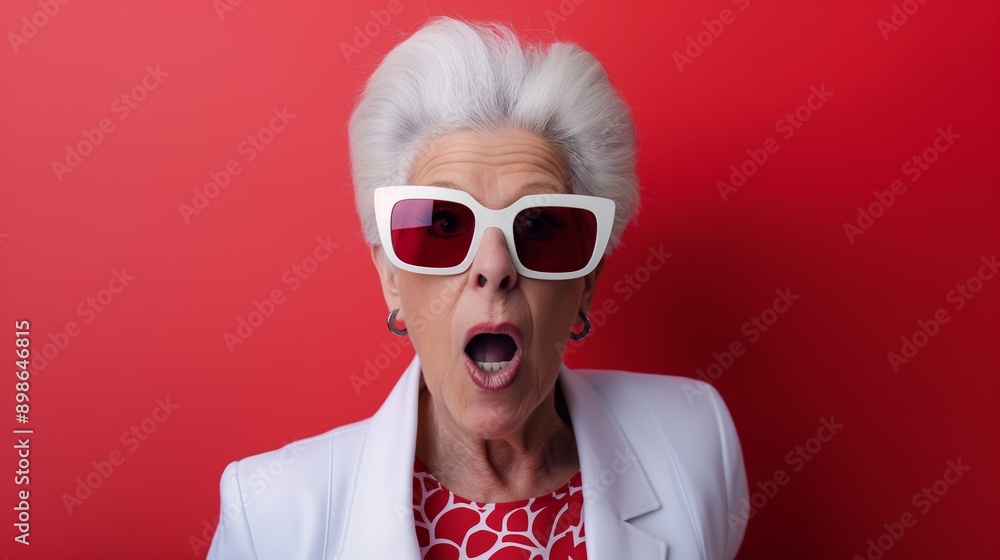 A woman in a white jacket and red dress with sunglasses on her face. She is looking surprised A woman in a white jacket and red dress with sunglasses on her face. She is looking surprised