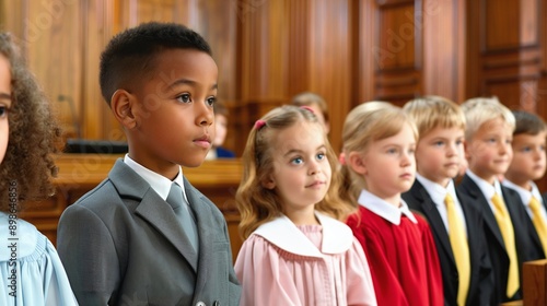 Diverse Elementary School Students in Lawyer Attire at Real Courtroom