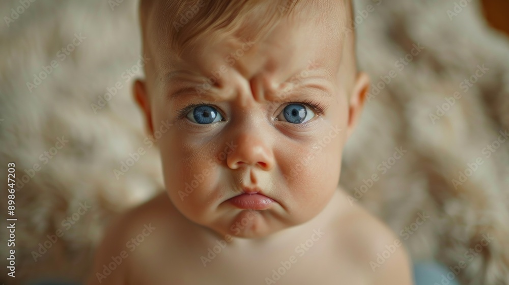 Close-up photo of a baby with blue eyes and blond hair on a fur blanket, looking inquisitive or slightly discontent. Soft, serene atmosphere with a touch of tenderness and innocence. Close-up photo of a baby with blue eyes and blond hair on a fur blanket, looking inquisitive or slightly discontent. Soft, serene atmosphere with a touch of tenderness and innocence.