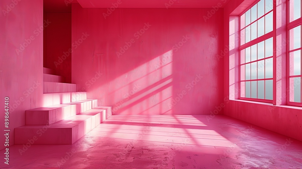 Sunlight streams through window, filling pink room with warm glow, casting shadows on stairs and walls Sunlight streams through window, filling pink room with warm glow, casting shadows on stairs and walls