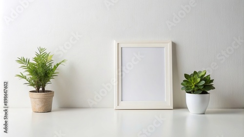 White desk with plant and picture frame decoration, creating an asymmetrical composition, desk, picture frame, simple, design, clean, workspace, contemporary, home decor, plant, elegant
