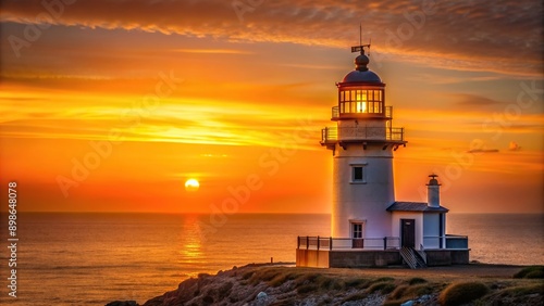 Lighthouse illuminated by sunset's orange light exuding warmth and comfort, light, structure, ocean, dusk, beacon, tranquility, tranquil, orange, sunset, evening, sea, navigation