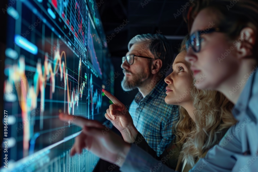 Obraz premium Diverse Team of Stock Analysts Discussing Market Strategies on Interactive Whiteboard