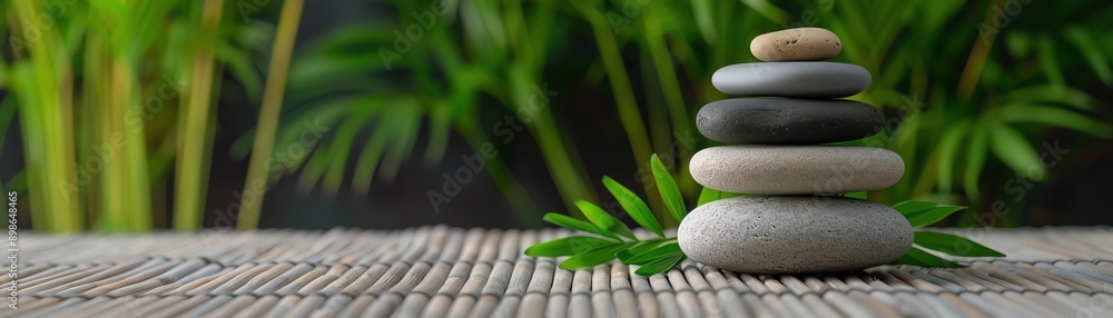 Zen stones stacked on bamboo mat with green background Zen stones stacked on bamboo mat with green background