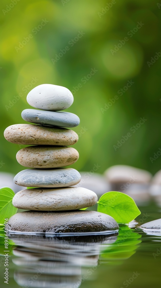 Stack of smooth stones in a tranquil pond setting Stack of smooth stones in a tranquil pond setting