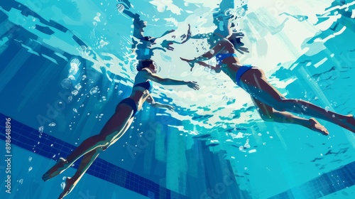 Illustration of Synchronized swimmers performing in a pool, underwater grace, synchronized moves