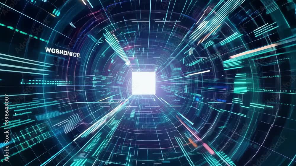 A 3D animation of a glowing digital tunnel with lines and numbers moving towards a bright light. A 3D animation of a glowing digital tunnel with lines and numbers moving towards a bright light.