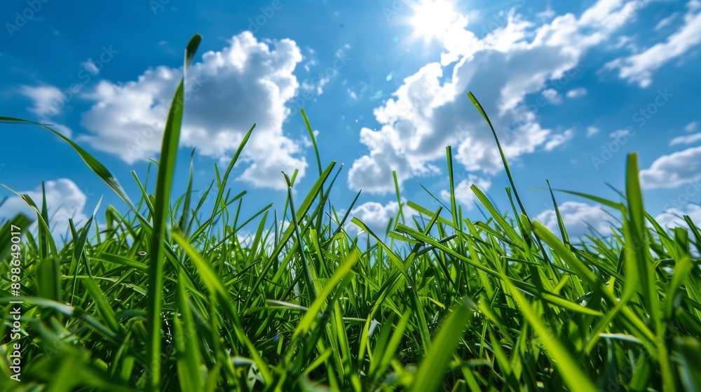 Obraz premium Lush green grass field under a bright blue sky