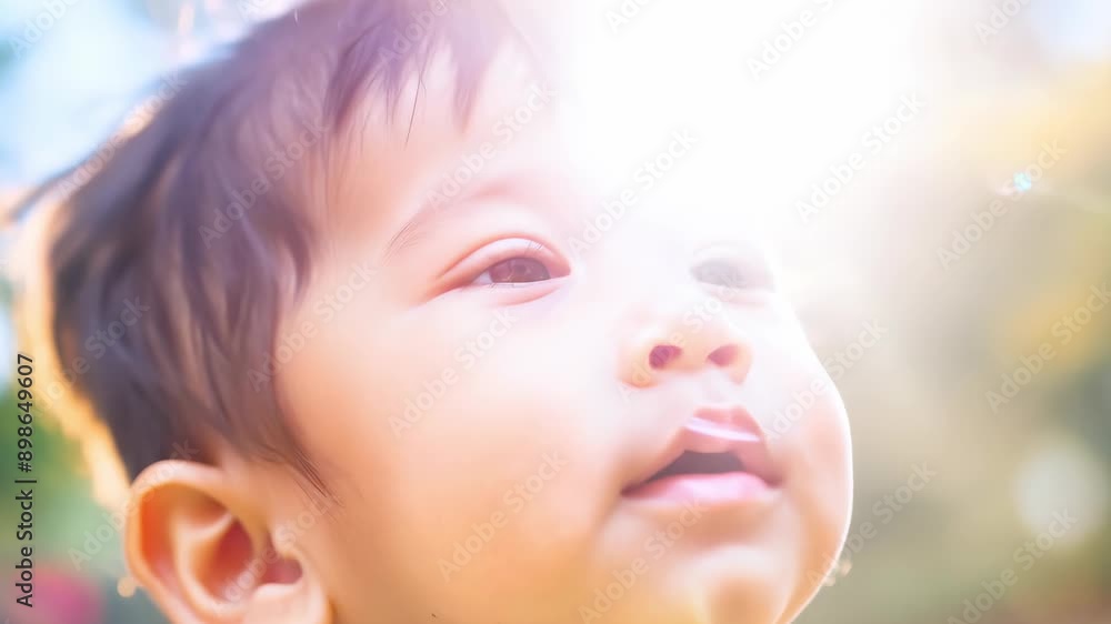 A young toddler with dark hair stares up at the sky on a bright sunny day. A young toddler with dark hair stares up at the sky on a bright sunny day.