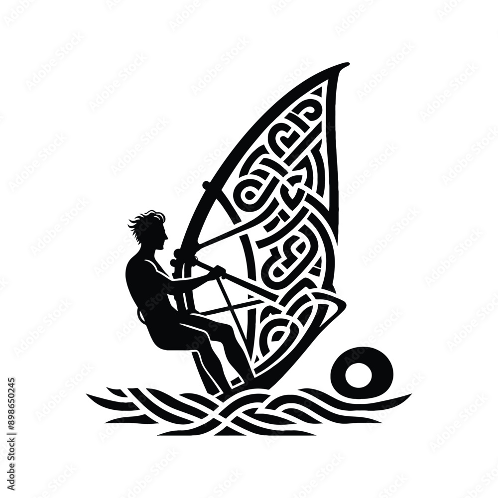 Windsurfing male player in celtic knot pattern illustration, emblem shield badge Windsurfing male player in celtic knot pattern illustration, emblem shield badge
