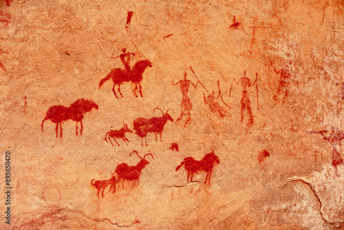 rock painting in desert, Bouhadian rocks in Tadrart Rouge, Tassili N'Ajjer National Park. Sahara
