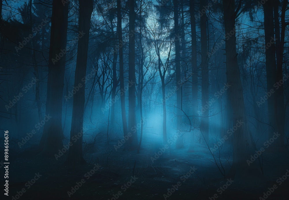 Naklejka premium A moonlit forest shrouded in mist with tall, dark trees and an eerie blue hue.