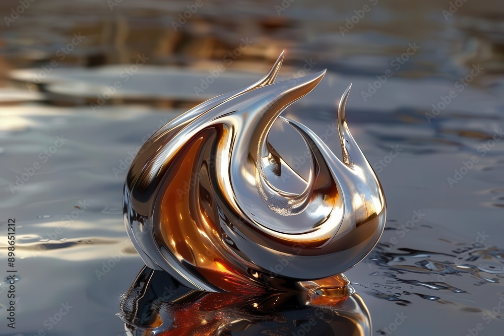 3d rendering of a stylized flame icon in flowing liquid mercury ...