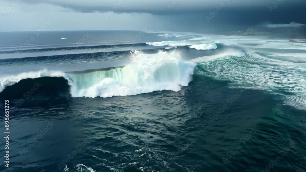 A drone flies over large waves breaking in the ocean on a cloudy day. A drone flies over large waves breaking in the ocean on a cloudy day.