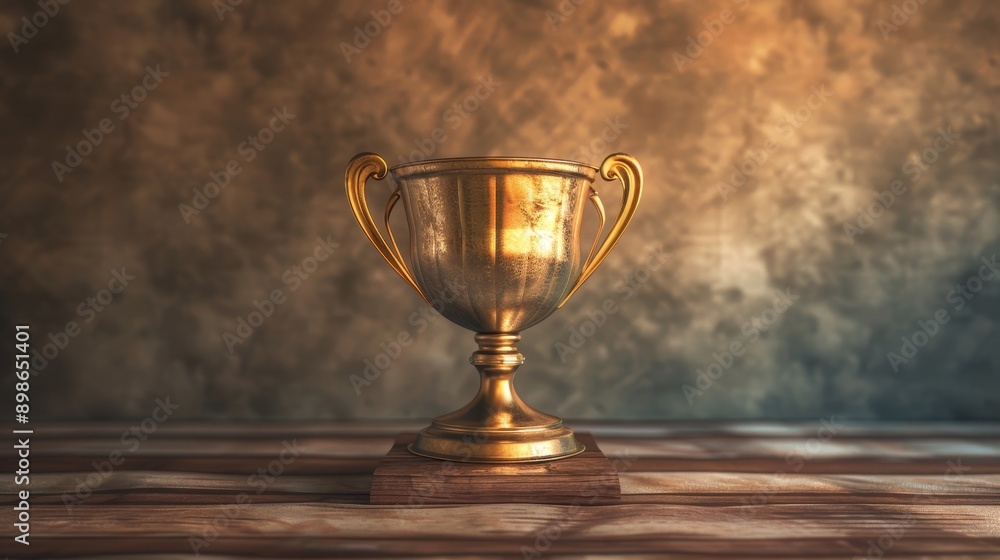 A gleaming golden trophy sits on a wooden platform against a rustic backdrop. The trophy symbolizes victory, achievement, and success. A gleaming golden trophy sits on a wooden platform against a rustic backdrop. The trophy symbolizes victory, achievement, and success.