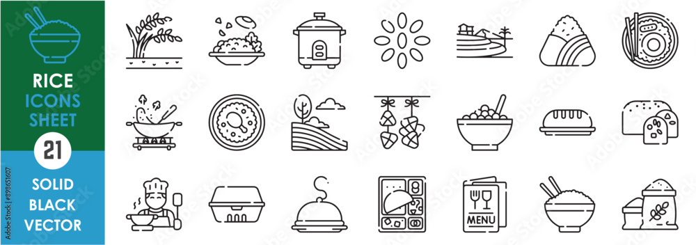 A set of line icons related to rice. Rice, pudding, plant, organic, chef, fried, bread, meal, grains, Japanese, sushi, field, menu, restaurant and so on. Vector outline icons set. A set of line icons related to rice. Rice, pudding, plant, organic, chef, fried, bread, meal, grains, Japanese, sushi, field, menu, restaurant and so on. Vector outline icons set.