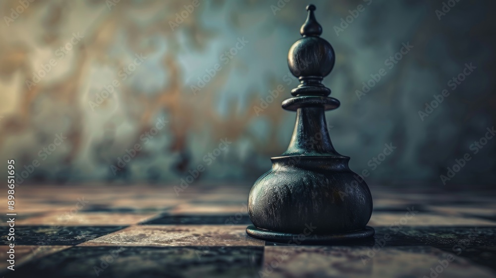 A lone black chess piece stands on a chessboard, with a blurred background. The piece is a bishop, symbolizing strategy and planning. A lone black chess piece stands on a chessboard, with a blurred background. The piece is a bishop, symbolizing strategy and planning.