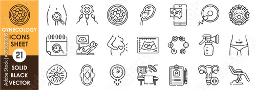 A set of line icons related to gynecology. Female, reproduction, organs, calendar, ovary, ultrasound, womb, sperm, surgery, baby, birth and so on. Vector outline icons set.