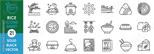 A set of line icons related to rice. Rice, pudding, plant, organic, chef, fried, bread, meal, grains, Japanese, sushi, field, menu, restaurant and so on. Vector outline icons set.