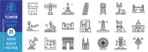 A set of line icons related to tower. Electrical, tower, Europe, tank, airport, oil industry, old, lighthouse, map and so on. Vector outline icons set.