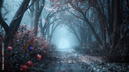 A misty forest path leads through a canopy of bare trees, with a soft light glowing at the end. photo