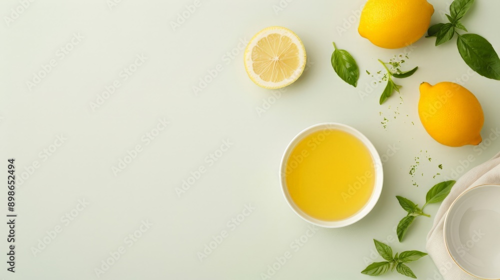Fresh Lemon Juice and Basil on Pastel Green Background - Healthy Summer Refreshment Concept Fresh Lemon Juice and Basil on Pastel Green Background - Healthy Summer Refreshment Concept