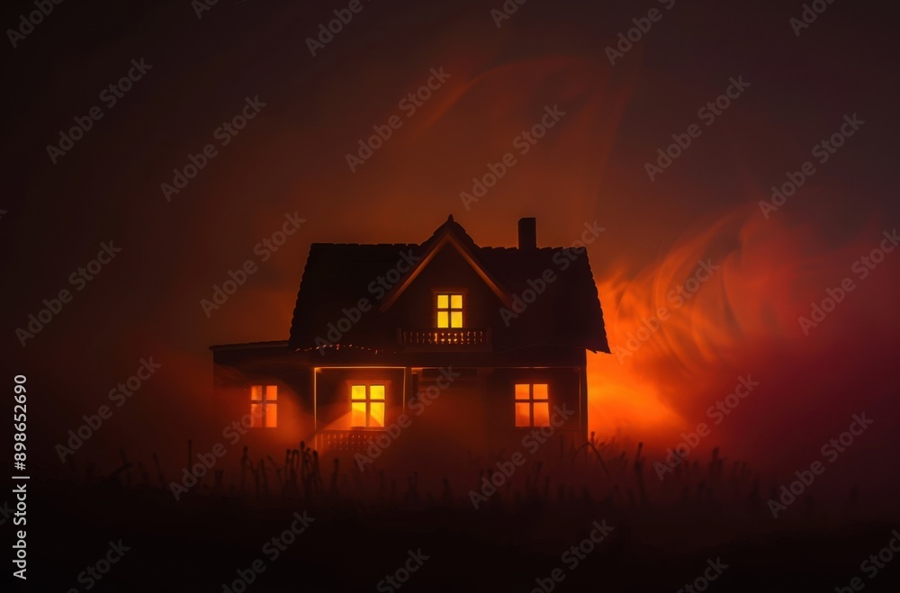 A small house illuminated from within, surrounded by dense fog and warm hues, creating a mysterious atmosphere. A small house illuminated from within, surrounded by dense fog and warm hues, creating a mysterious atmosphere.