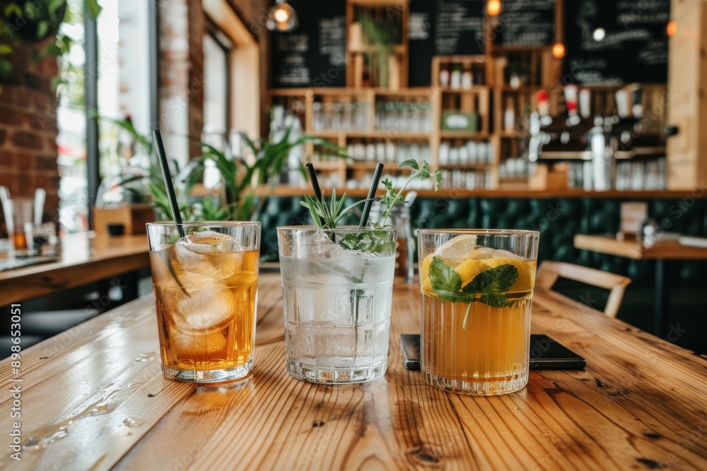 Assorted cocktails on a rustic wooden table in a cozy bar capturing casual vibes and relaxed atmosphere perfect for social gatherings and nightlife themes Assorted cocktails on a rustic wooden table in a cozy bar capturing casual vibes and relaxed atmosphere perfect for social gatherings and nightlife themes