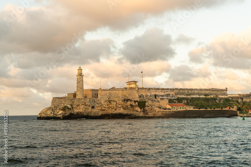 Havana Cuba EL Morro fort and phare panorama view in sunset Tres reyes magos del Moro castle