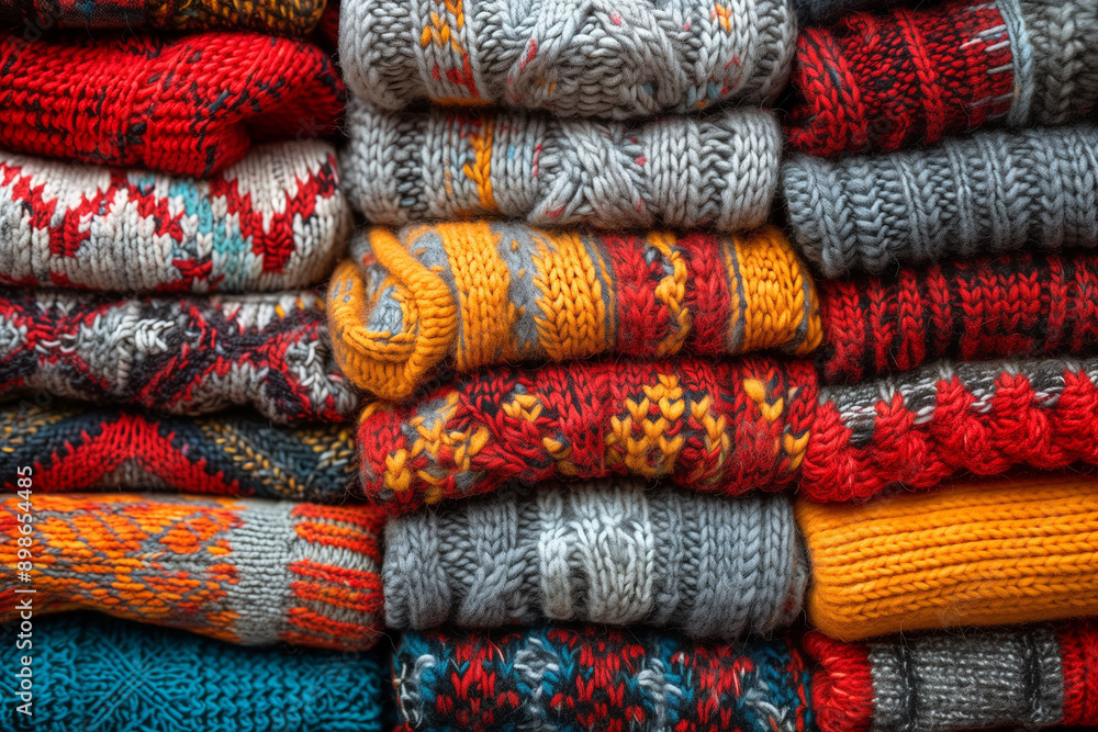 Warm sweaters, pattern, stack of sweaters, top view Warm sweaters, pattern, stack of sweaters, top view