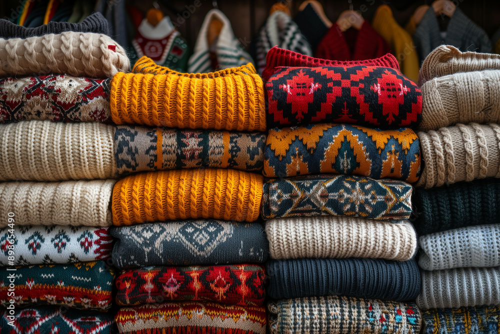 Warm sweaters, pattern, stack of sweaters, top view Warm sweaters, pattern, stack of sweaters, top view