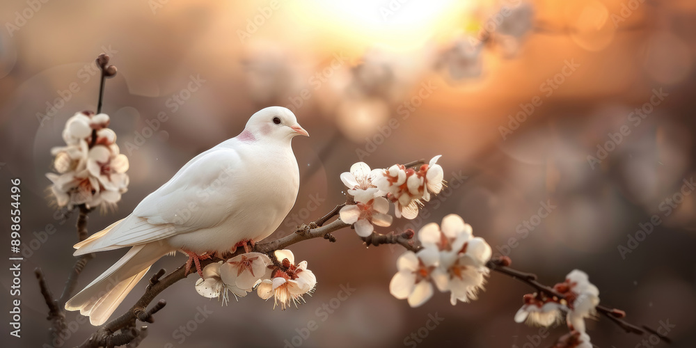 White Dove on Blossom Branch: A symbol of peace and hope, a white dove perches gracefully on a delicate branch adorned with blooming white flowers, bathed in the warm glow of the setting sun. White Dove on Blossom Branch: A symbol of peace and hope, a white dove perches gracefully on a delicate branch adorned with blooming white flowers, bathed in the warm glow of the setting sun.