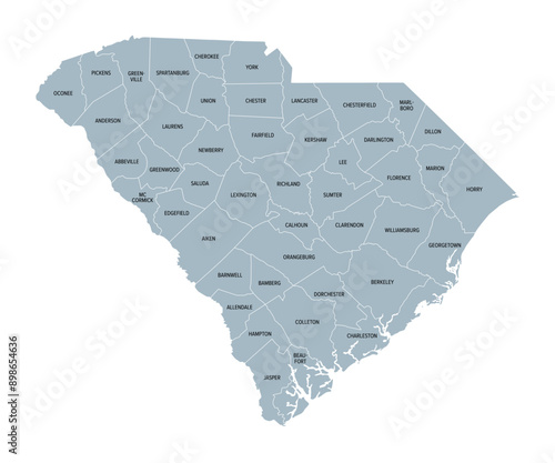 South Carolina counties, gray political map with borders and county names. State in the Southeastern region of the United States, subdivided into 46 counties. Nicknamed The Palmetto State. Vector