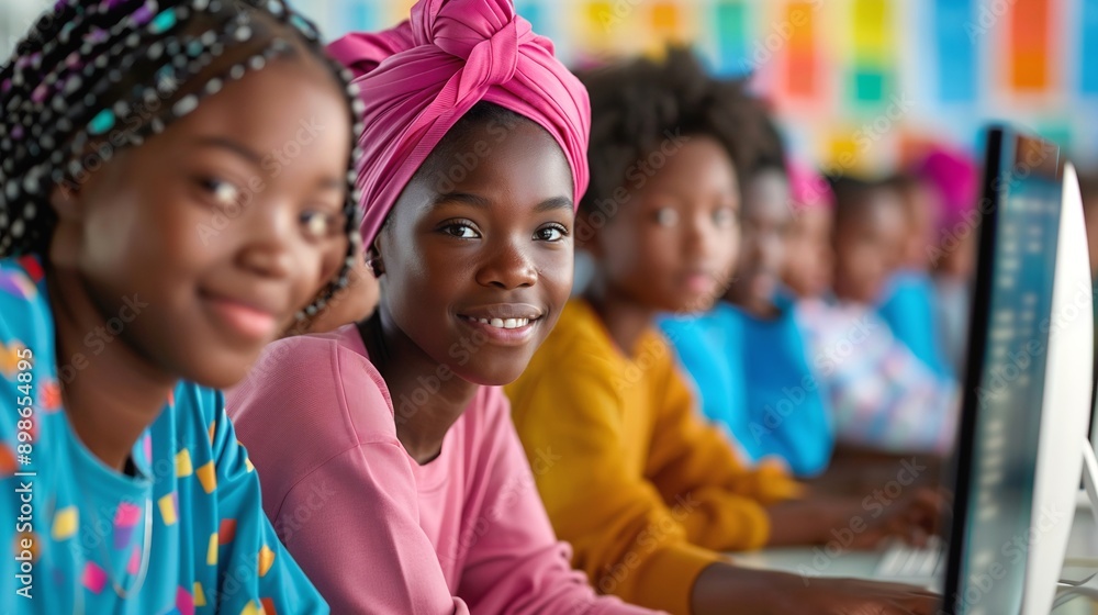 Focused African Girl Student Learning Computer Skills in Tech Education Class Focused African Girl Student Learning Computer Skills in Tech Education Class
