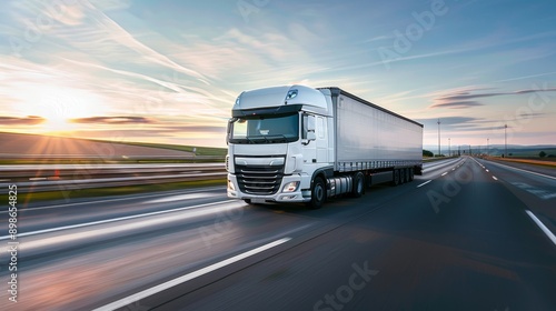 White Semi-Truck Driving on a Highway During Sunset