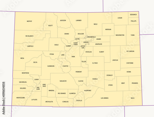Colorado counties, political map with borders and county names. State in the Mountain West subregion of the United States, subdivided into 64 counties. Nicknamed The Centennial State. Illustration