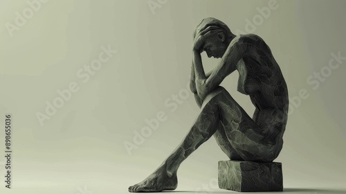 A solitary bronze statue of a woman sits with her head in her hands, symbolizing sadness and contemplation. photo