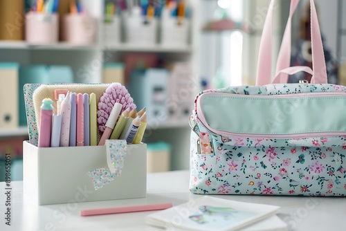 A stationary box with pastel-colored supplies, next to a floral-patterned school bag on a white desk, with a blurry bookshelf in the background.