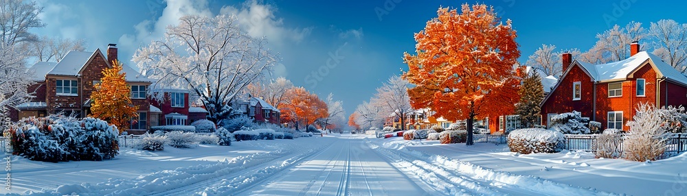 Naklejka premium Snowy winter street scene with houses and a lone, vibrant orange tree.