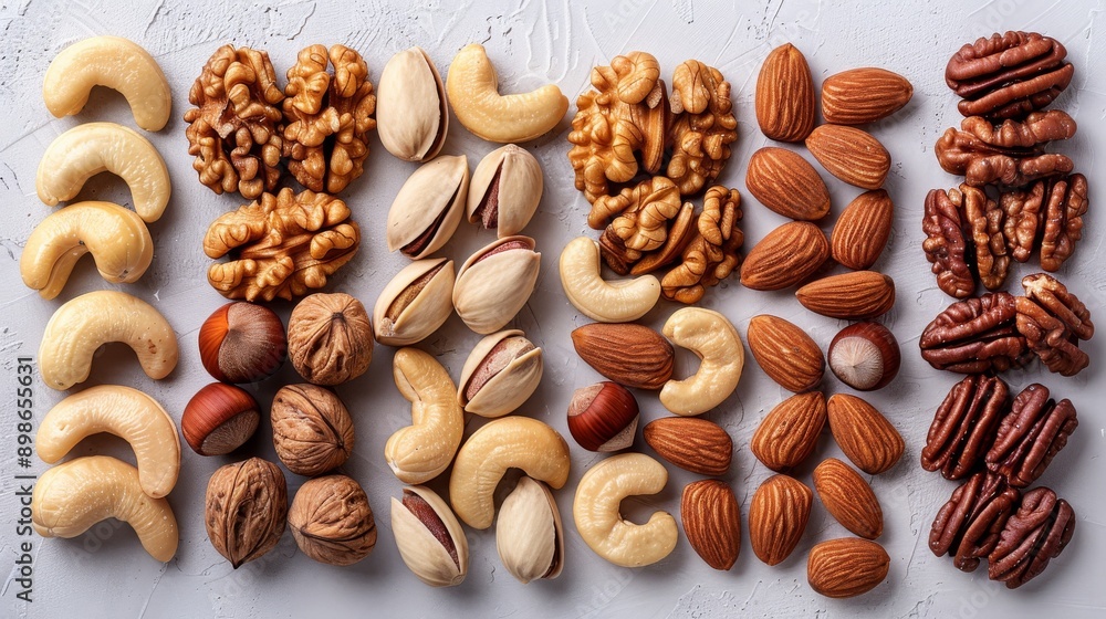 Variety of nuts including cashews, walnuts, pistachios, hazelnuts, almonds and pecans are lying on a white surface Variety of nuts including cashews, walnuts, pistachios, hazelnuts, almonds and pecans are lying on a white surface