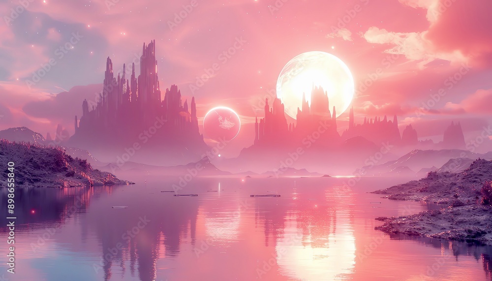 Obraz premium Pink sunset over a fantasy city with double moons