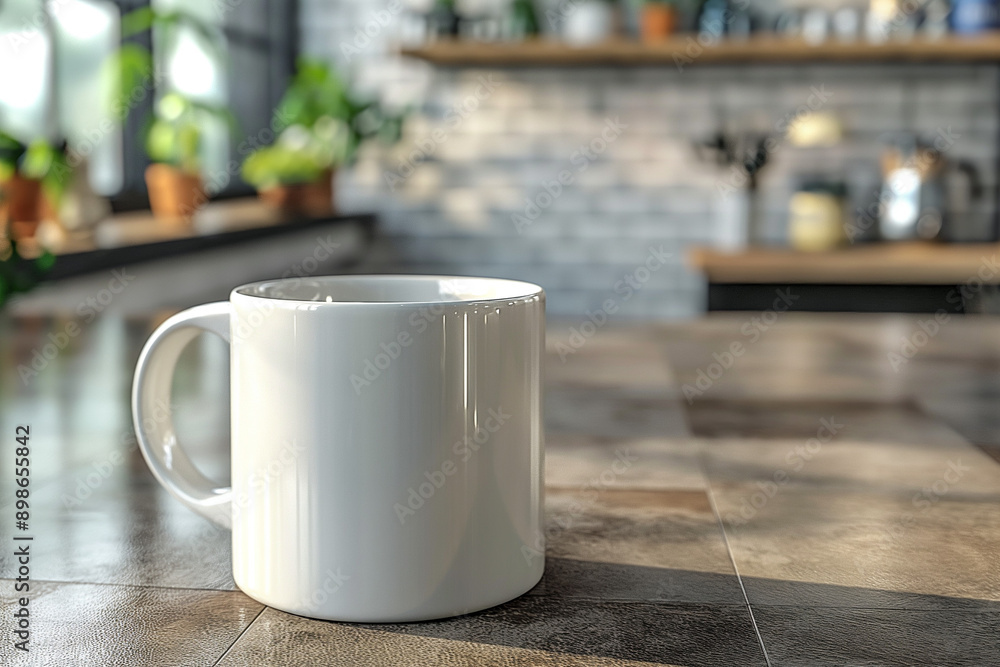 White Mug in a Bright Kitchen. A white ceramic mug on a wooden table in a bright kitchen setting. White Mug in a Bright Kitchen. A white ceramic mug on a wooden table in a bright kitchen setting.
