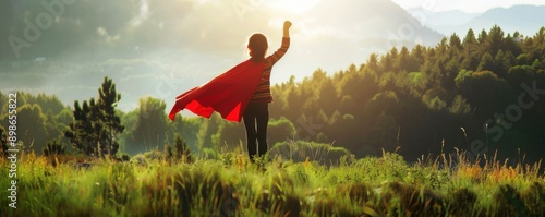 A child with a red cape stands on a grassy meadow, with a mountain forest backdrop and sunlight filtering through the trees.