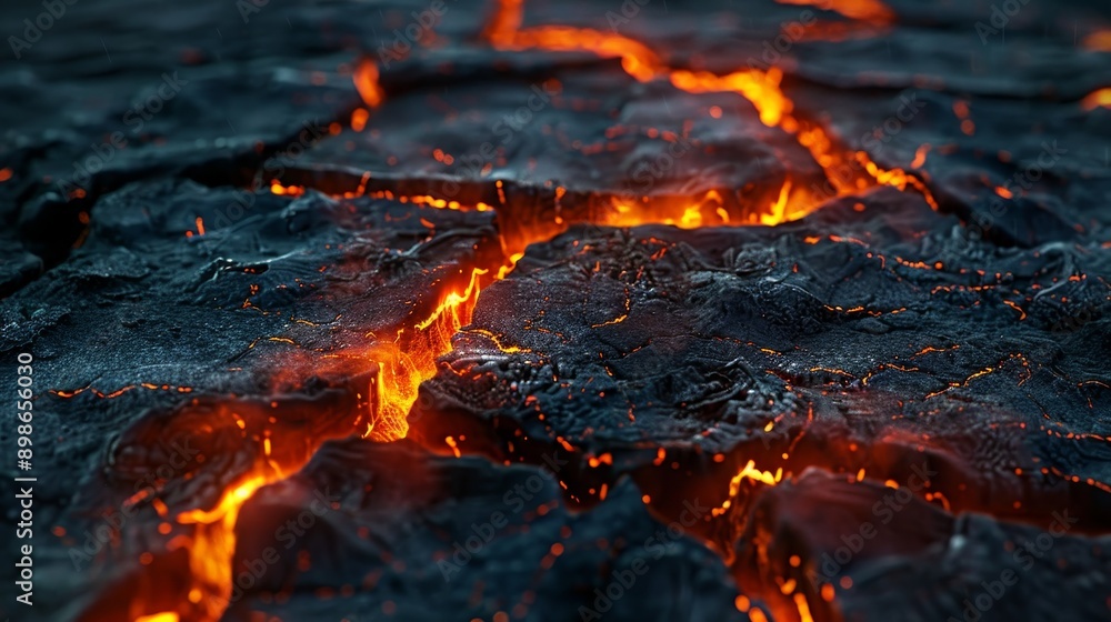 Close-up of molten lava flowing through cracks in cooled volcanic rock. Close-up of molten lava flowing through cracks in cooled volcanic rock.