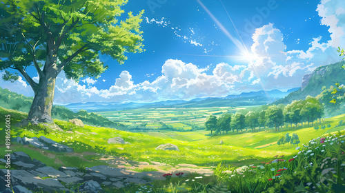 Anime style summer background of grass fields, mountains, illustration
