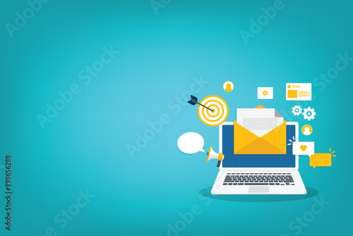 Digital email marketing. Reaching online audience with email marketing campaign, newsletter subscription. Sending marketing messages via email. Vector illustration	