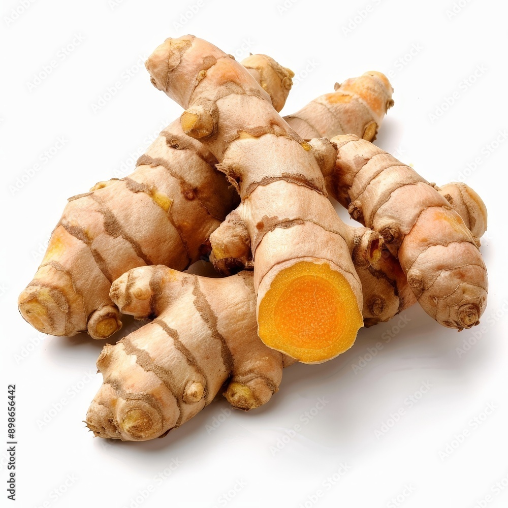 Vibrant Fresh Turmeric Root Displayed on White Background, Detailed Spice Close-Up Shot for Food and Health Concepts Vibrant Fresh Turmeric Root Displayed on White Background, Detailed Spice Close-Up Shot for Food and Health Concepts