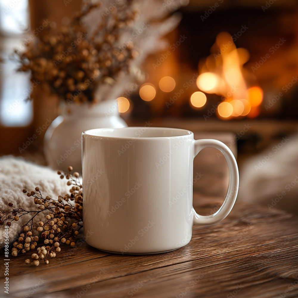White Mug by the Fireplace, A white ceramic mug placed on a table near a warm, cozy fireplace. White Mug by the Fireplace, A white ceramic mug placed on a table near a warm, cozy fireplace.